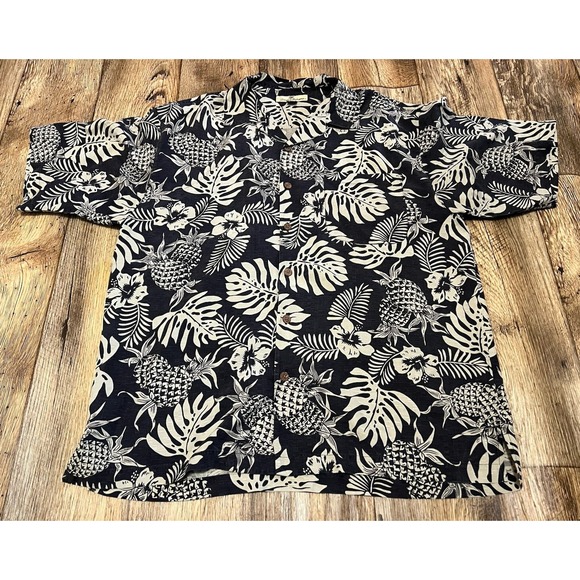 Tommy Bahama Large Floral Shirt Short Sleeved 100% Silk Black/Gray Ivory - Picture 1 of 6